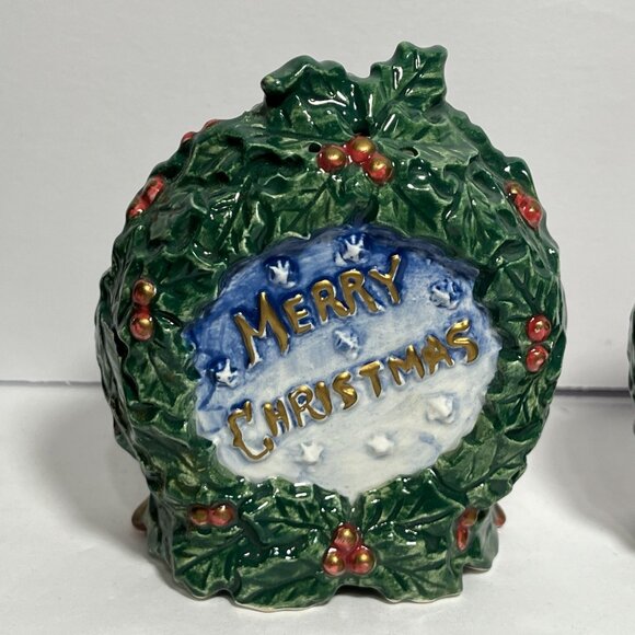 Santa Wreath Salt Pepper Shakers By Fitz And Floyd Omnibus Christmas Decor - Picture 5 of 12